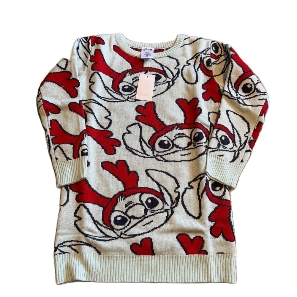 Disney Stitch Christmas Sweater Dress NEW Blue Red Reindeer Ears 6/6X